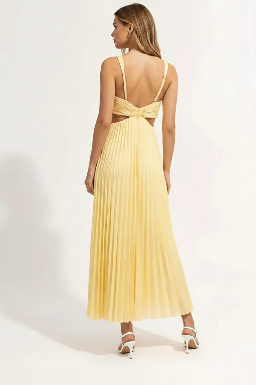Pleated A-Line Midi Dress – Sleeveless V-Neck Cut-Out