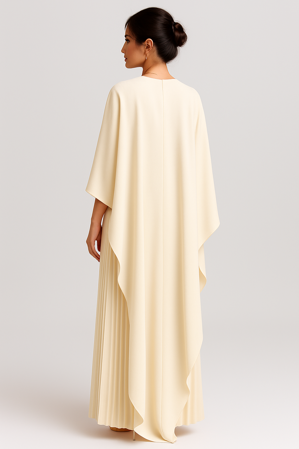 Pleated Maxi Dress with Batwing Cape Sleeves – Elegant Evening Gown