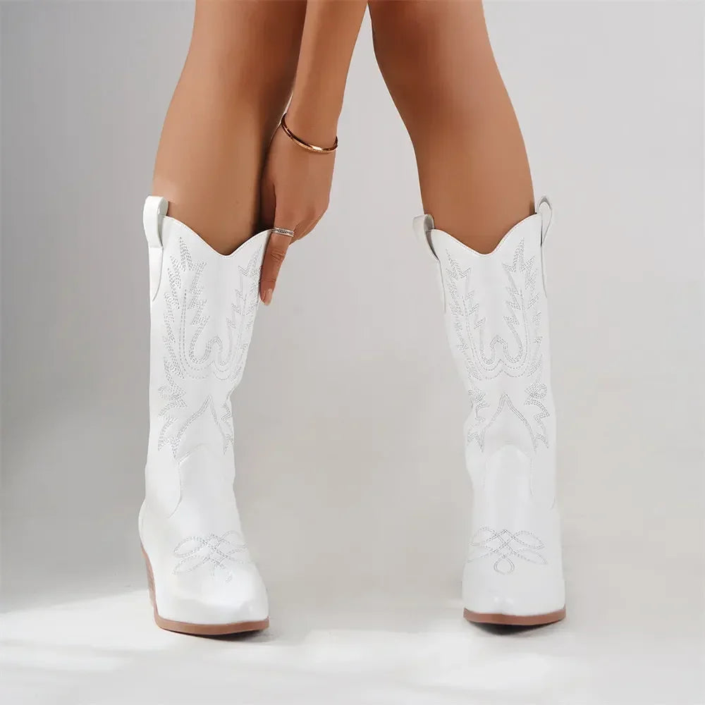 Western Knee High Boots – Embroidered Detailing and Classic Block Heel