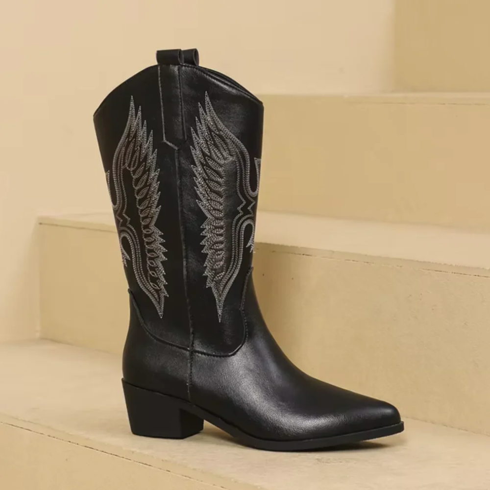 Western Cowboy Boots – Embroidered Design with Block Heel