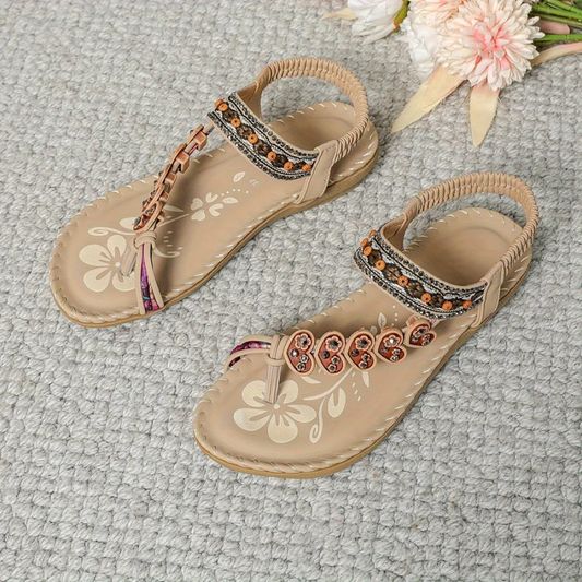 Comfort Sandals – Embellished T-Strap Design with Cushioned Sole