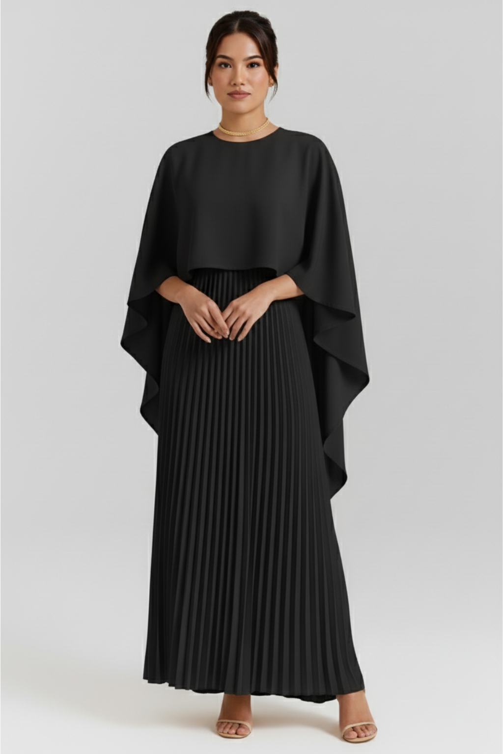 Pleated Maxi Dress with Batwing Cape Sleeves – Elegant Evening Gown