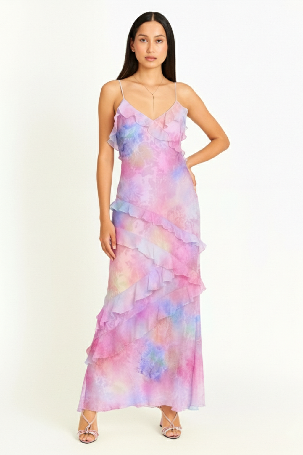 Ruffle Tiered Satin Maxi Dress – Sleeveless Spaghetti Strap Gown