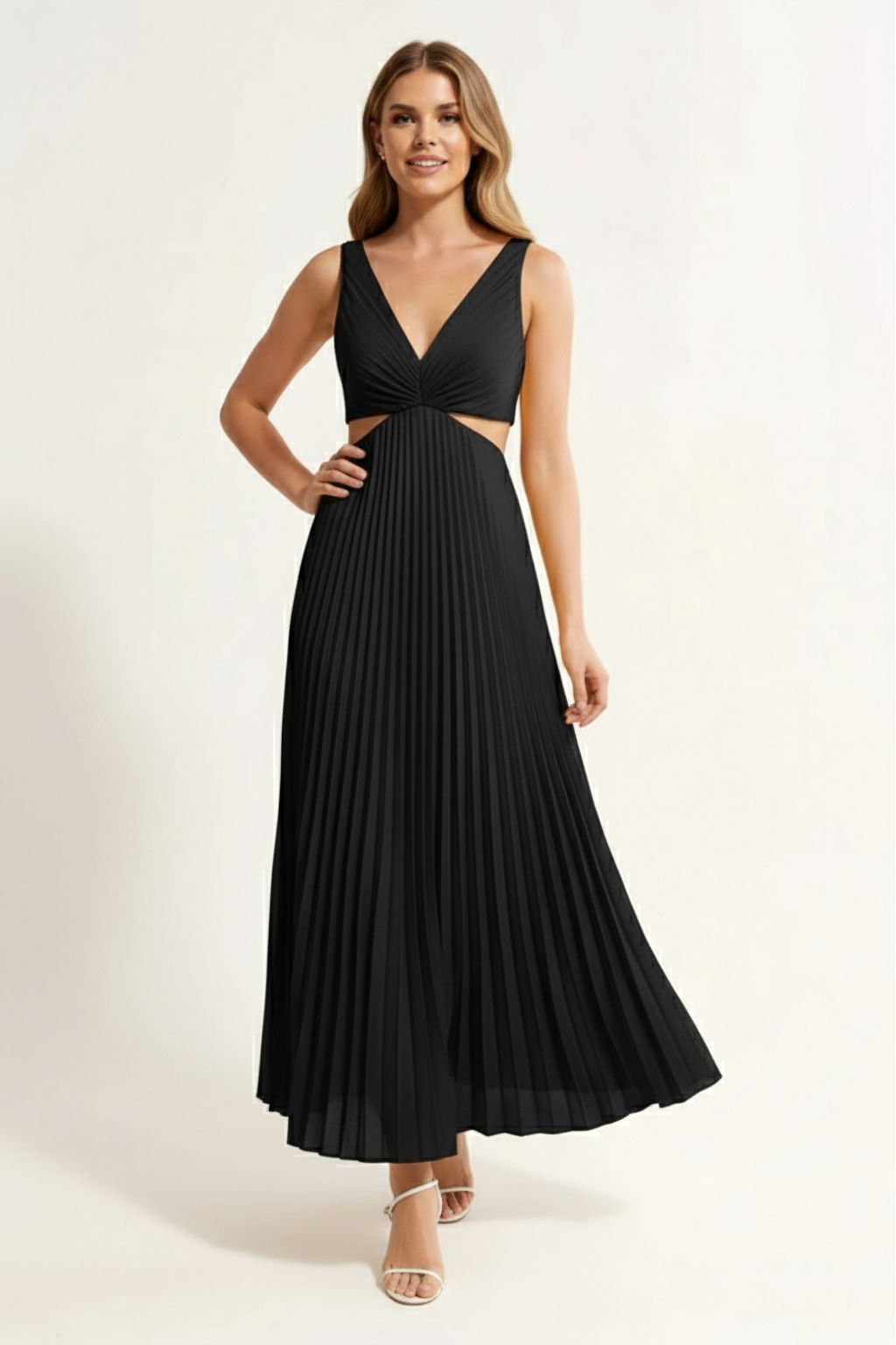 Pleated A-Line Midi Dress – Sleeveless V-Neck Cut-Out