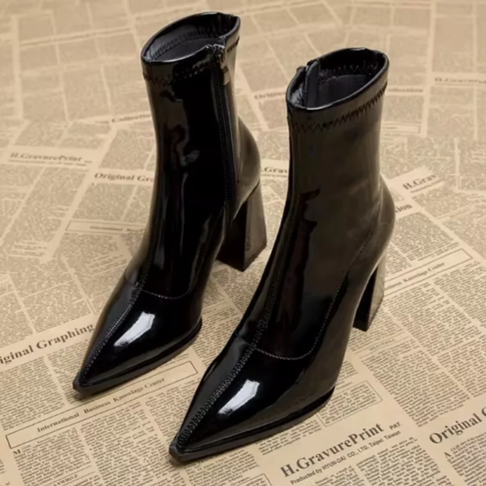 Patent Ankle Boots – Pointed-Toe Block Heel Design