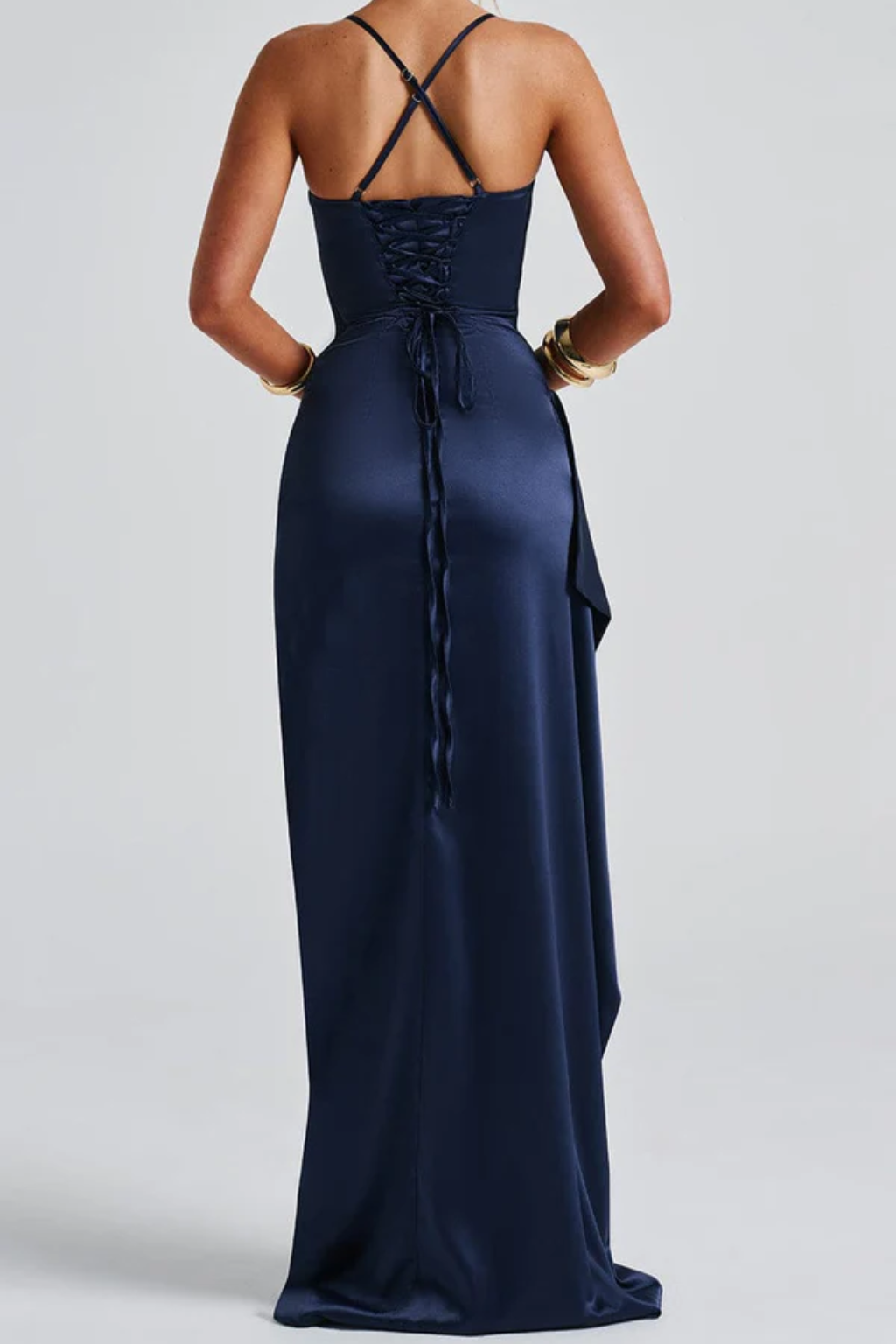 Elegant Spaghetti Strap Maxi Dress – Ruched Waist and High Slit Evening Gown