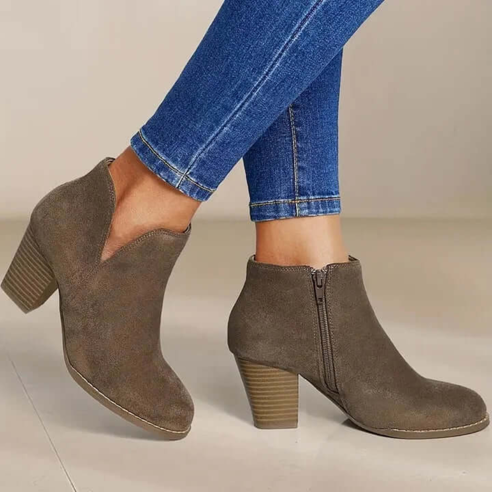 Block Heel Ankle Boots – Side Cut-Out Design with Zip Closure