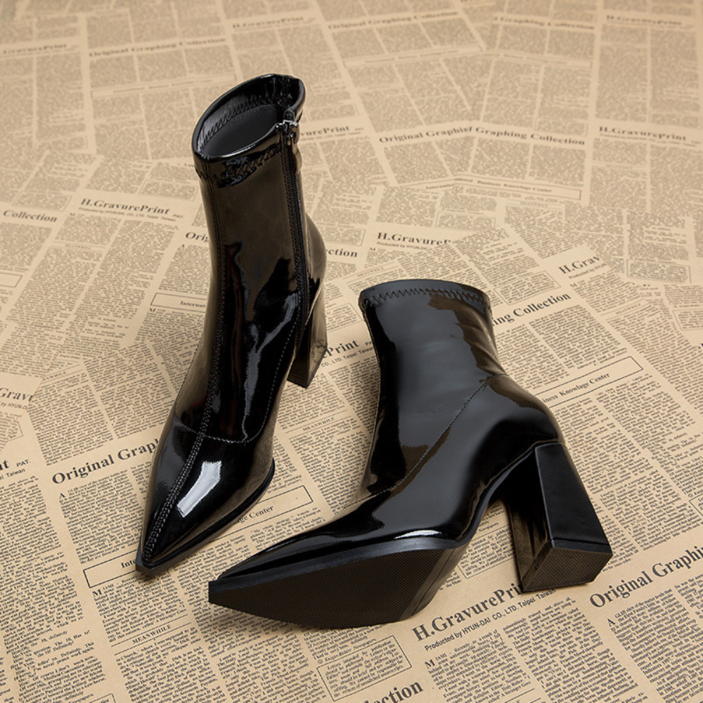 Patent Ankle Boots – Pointed-Toe Block Heel Design