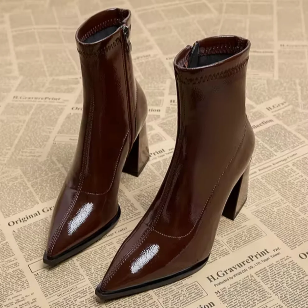 Patent Ankle Boots – Pointed-Toe Block Heel Design