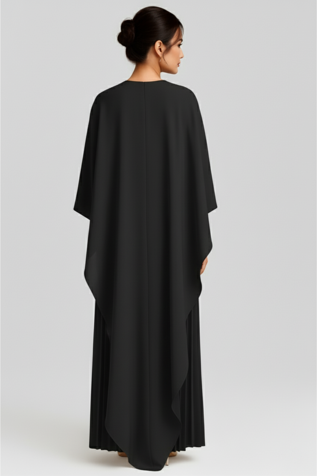 Pleated Maxi Dress with Batwing Cape Sleeves – Elegant Evening Gown