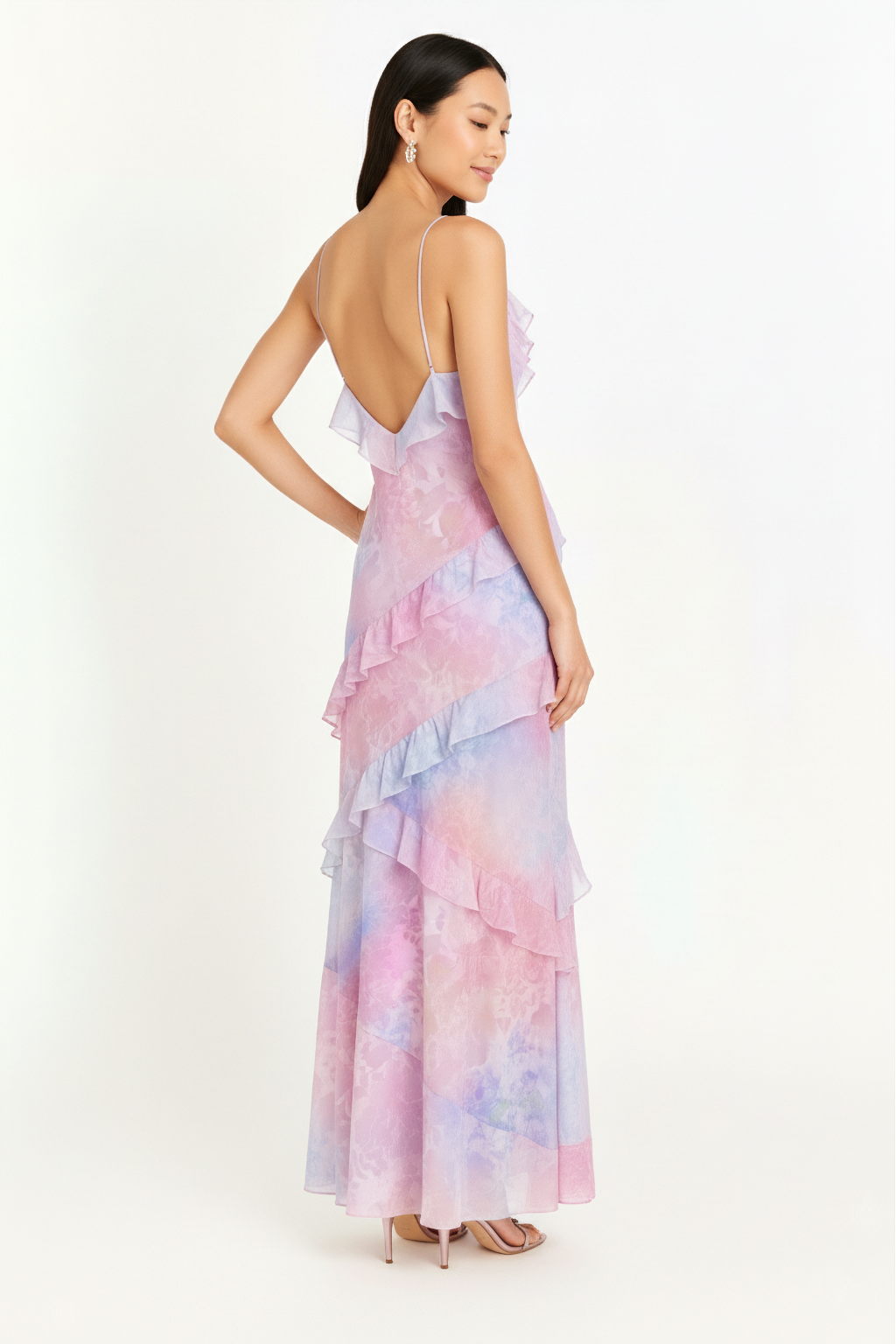 Ruffle Tiered Satin Maxi Dress – Sleeveless Spaghetti Strap Gown