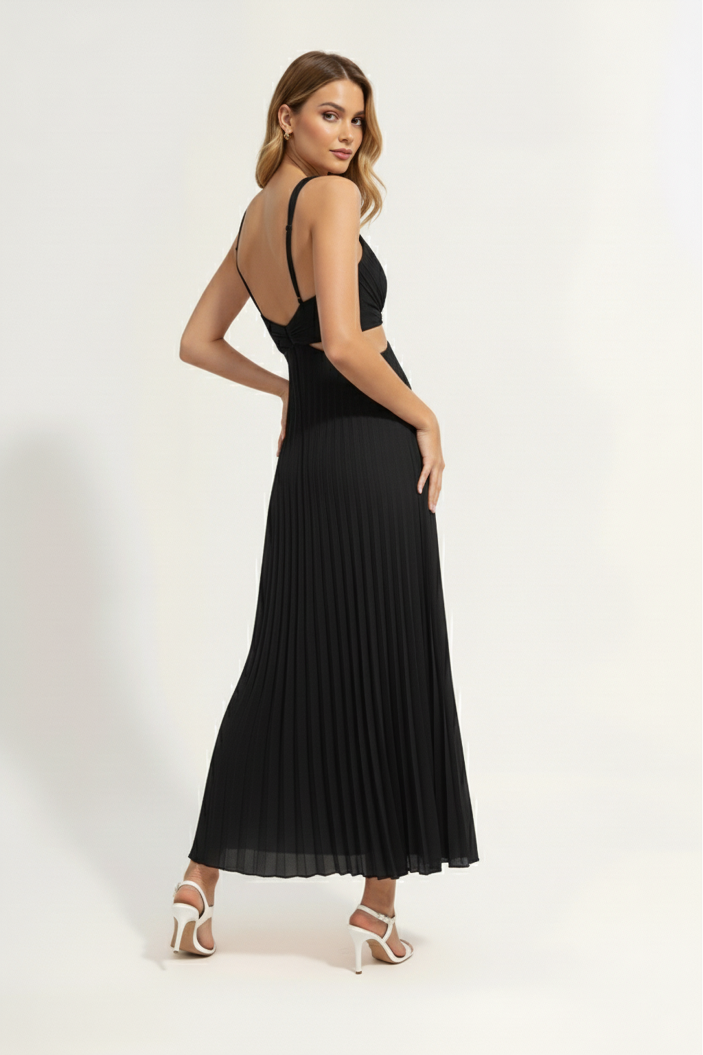 Pleated A-Line Midi Dress – Sleeveless V-Neck Cut-Out