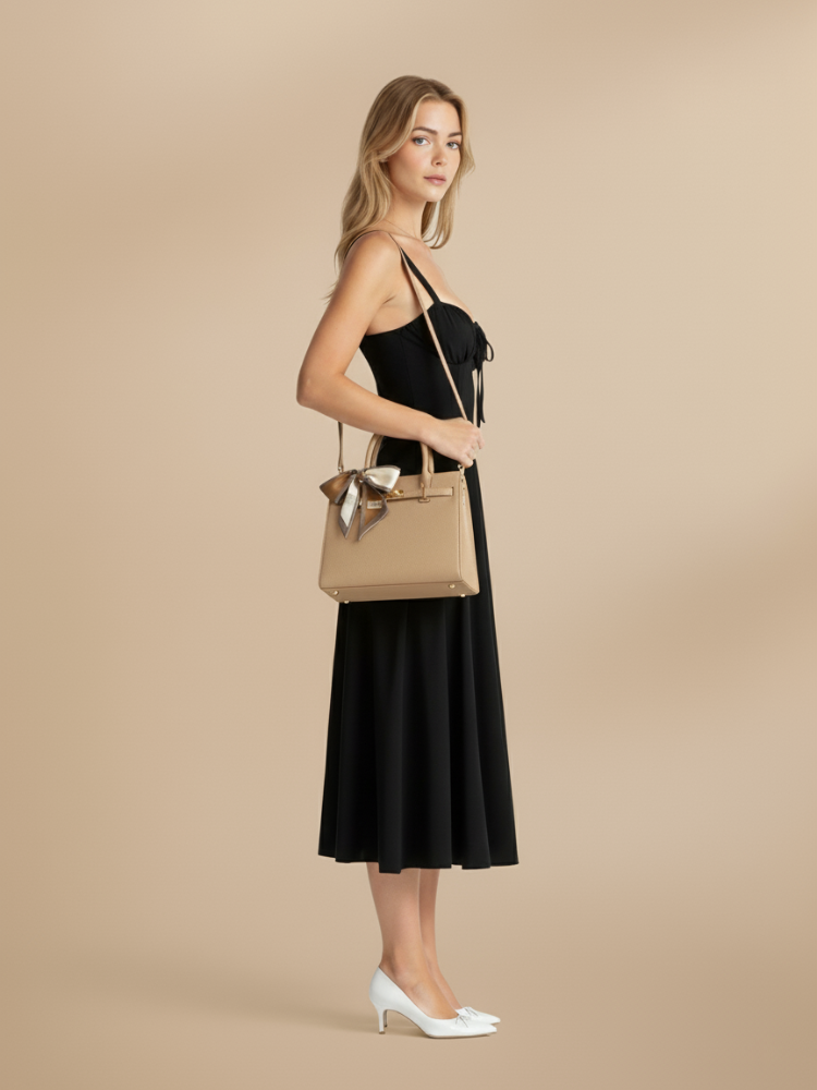 Elegant Leather Handbag with Scarf – Effortless Sophistication