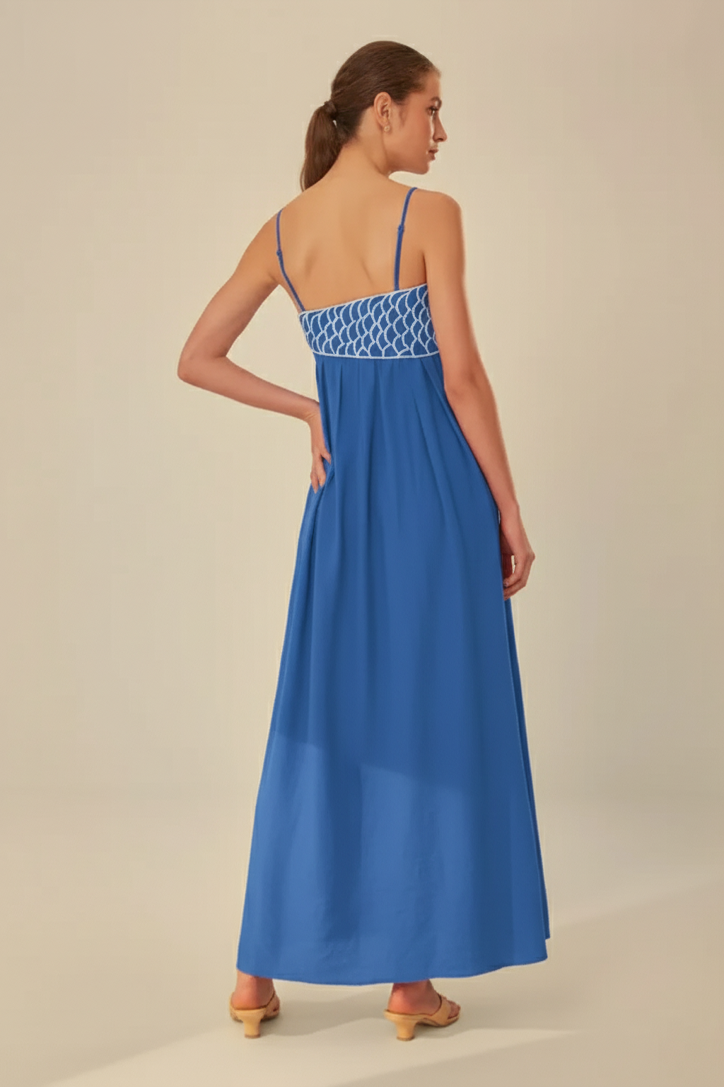 Embroidered Semi-Sheer Maxi Dress – Sleeveless Spaghetti Strap Cami
