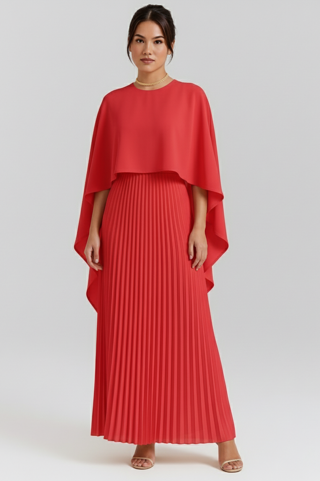 Pleated Maxi Dress with Batwing Cape Sleeves – Elegant Evening Gown