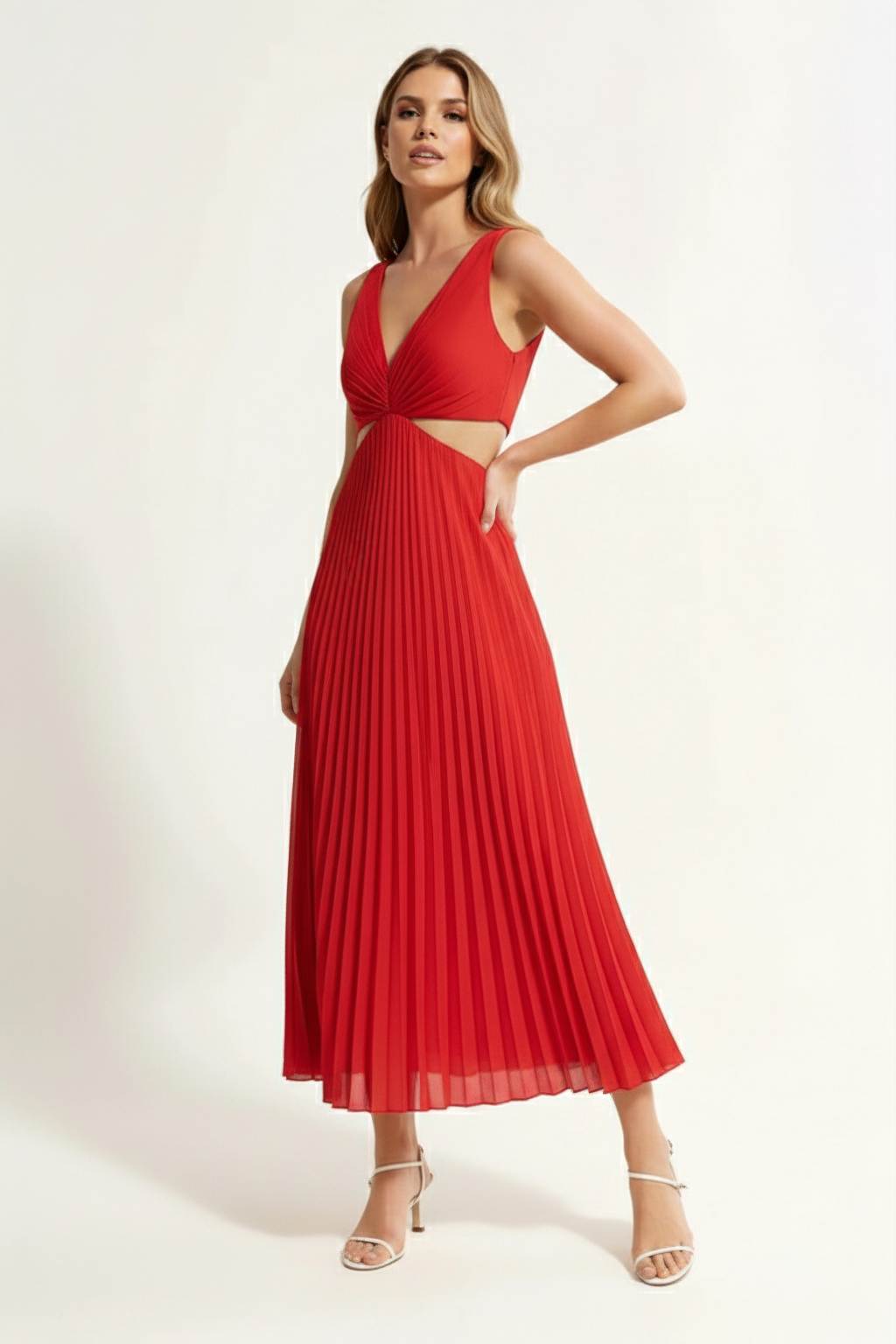 Pleated A-Line Midi Dress – Sleeveless V-Neck Cut-Out