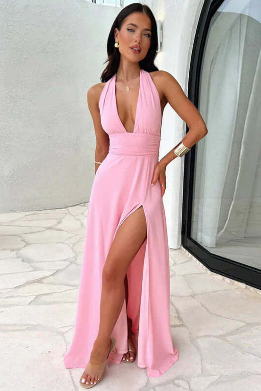 Refined Halter Maxi Dress – Stretch Fit with Tie-Up Back