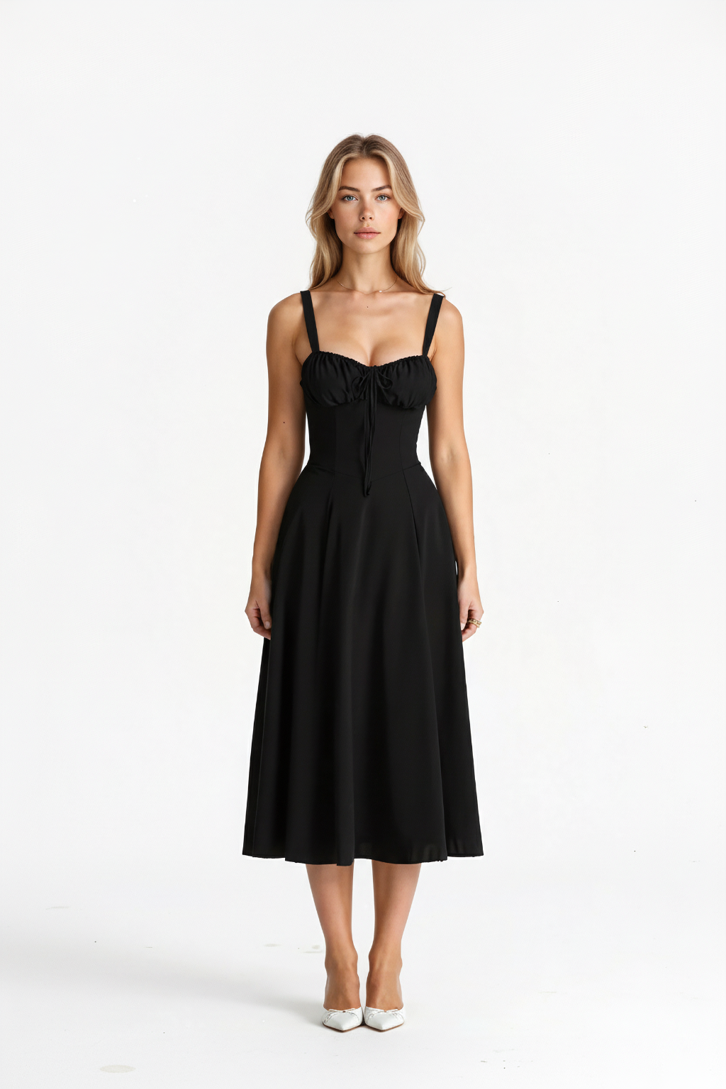 Corset Midi Dress – Sleeveless Square Neck A-Line