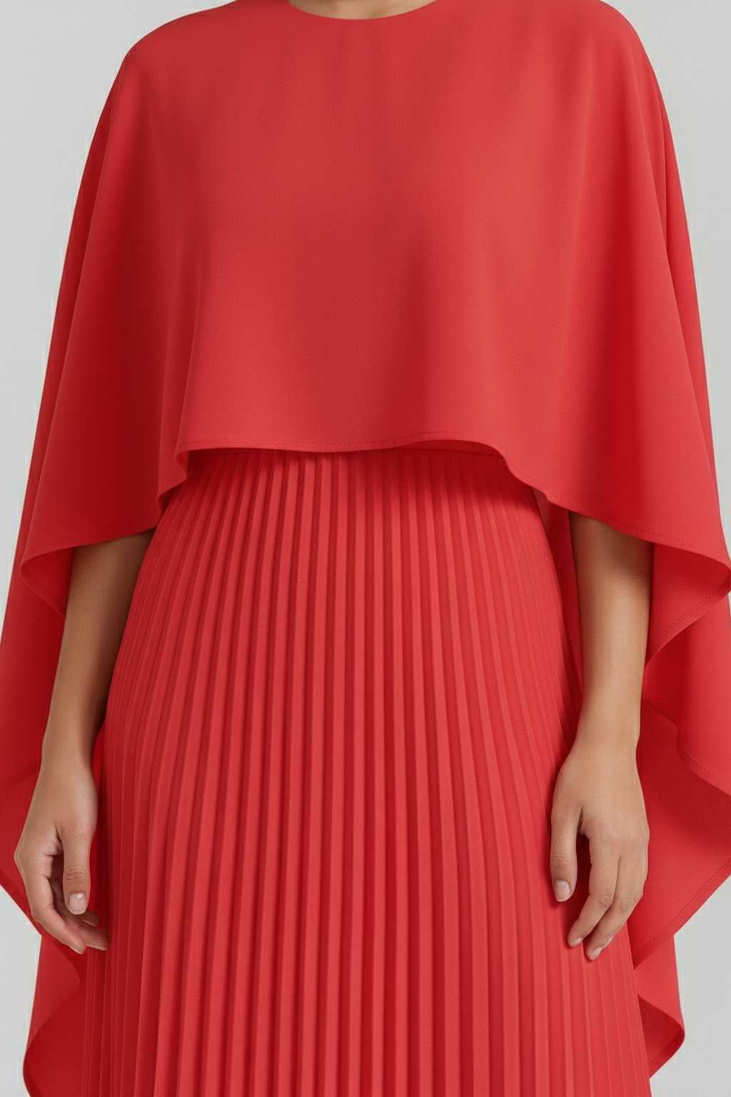 Pleated Maxi Dress with Batwing Cape Sleeves – Elegant Evening Gown