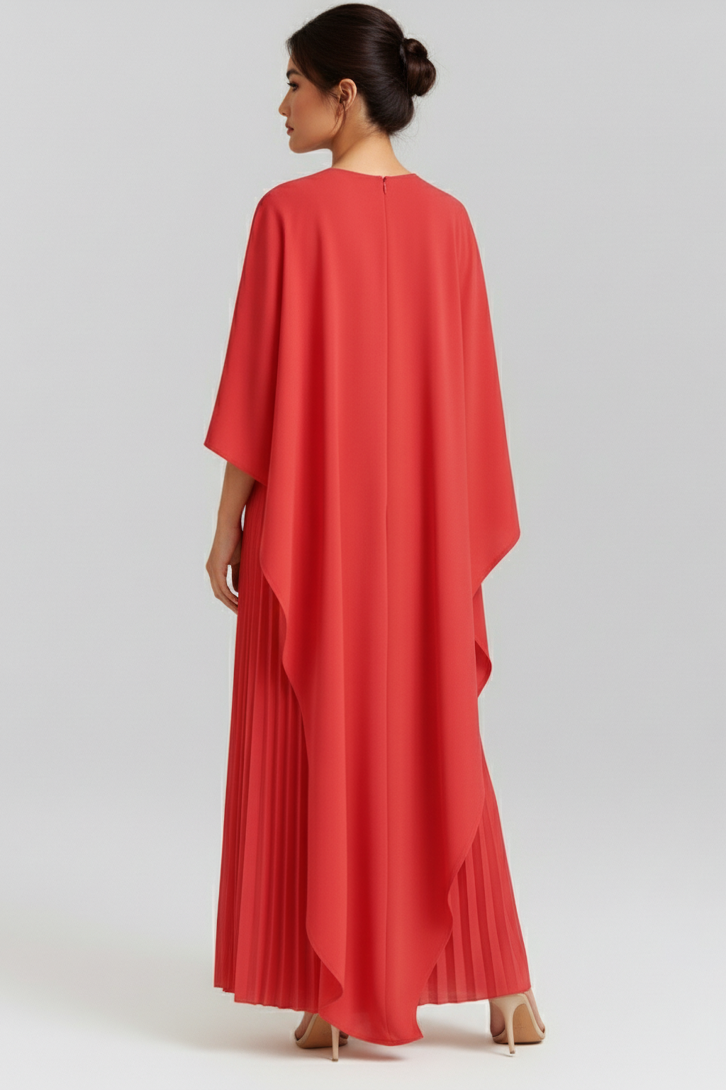 Pleated Maxi Dress with Batwing Cape Sleeves – Elegant Evening Gown