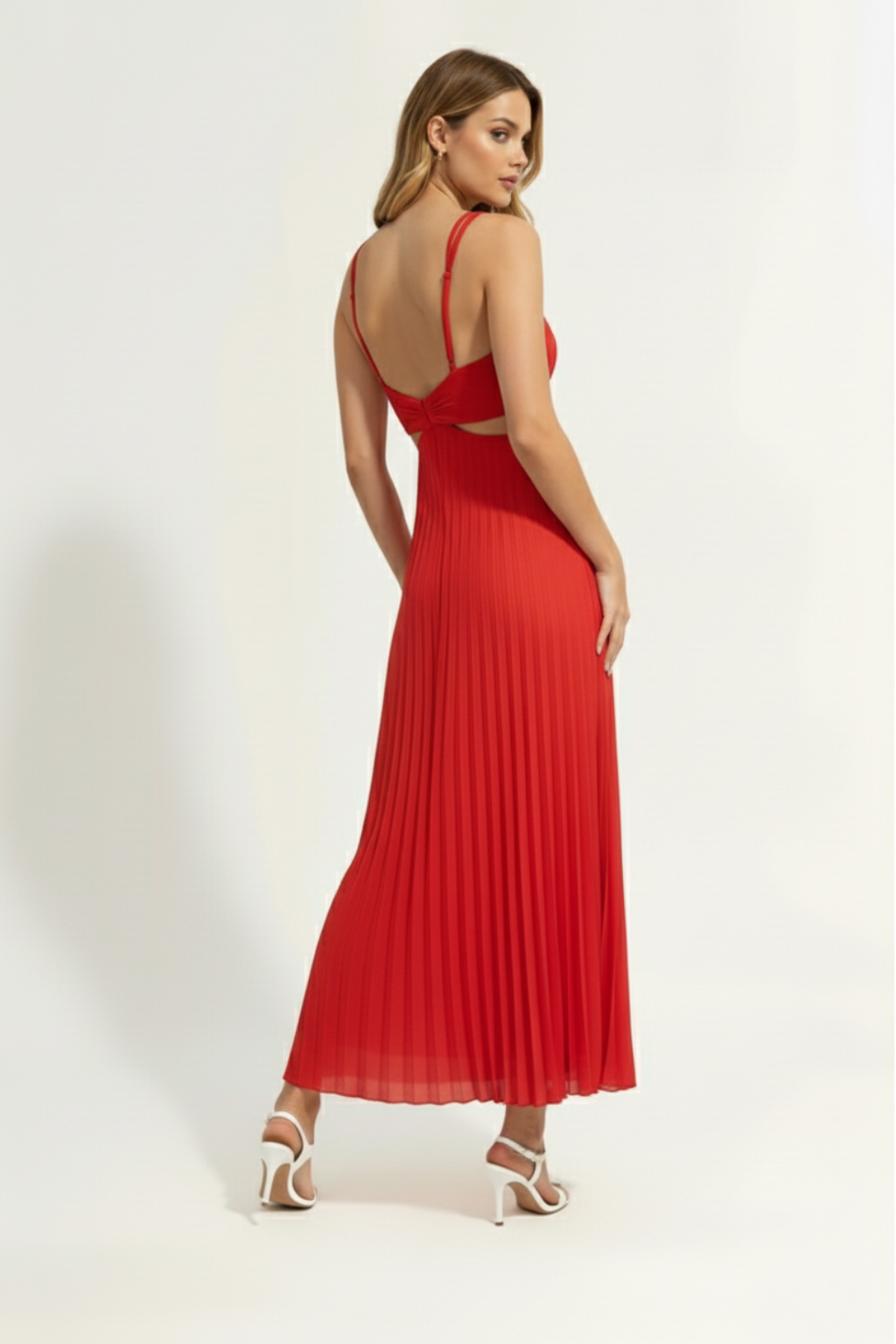 Pleated A-Line Midi Dress – Sleeveless V-Neck Cut-Out