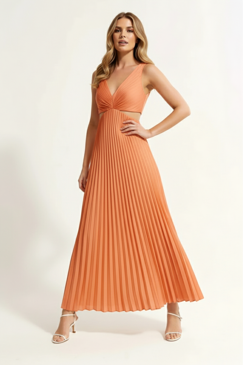 Pleated A-Line Midi Dress – Sleeveless V-Neck Cut-Out