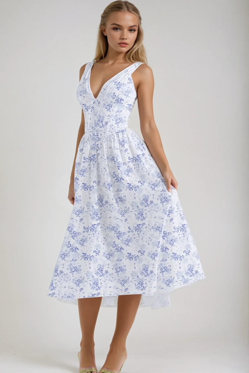 Floral A-Line Midi Summer Dress – Sleeveless V-Neck