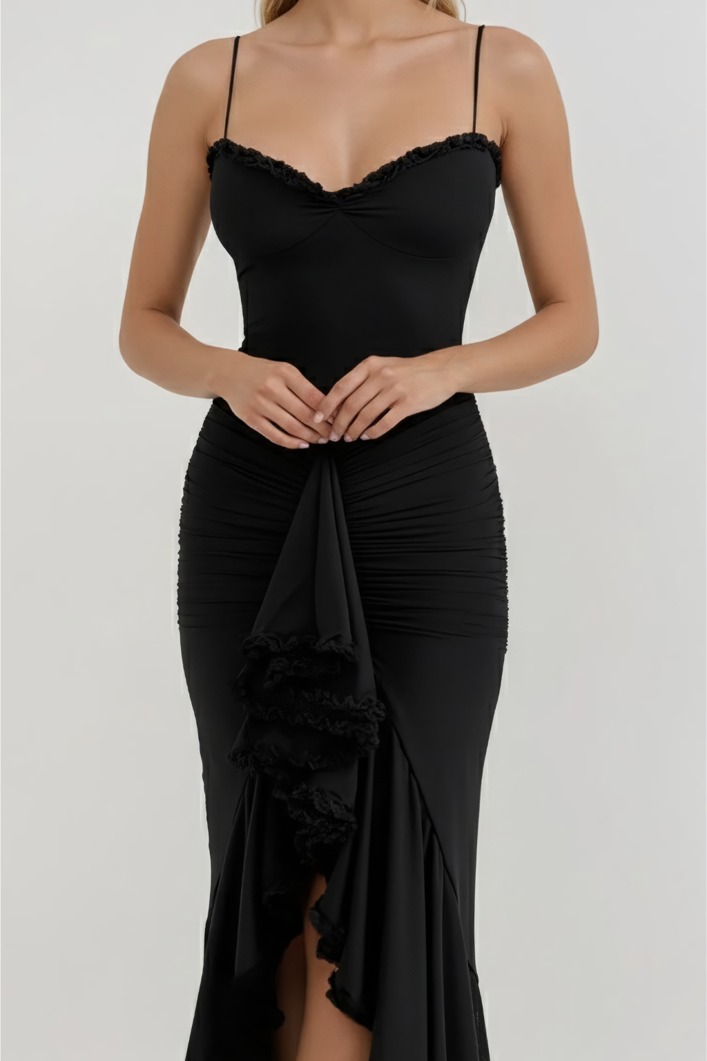Charming Ruffle Maxi Evening Dress – Sleeveless Spaghetti Strap Gown