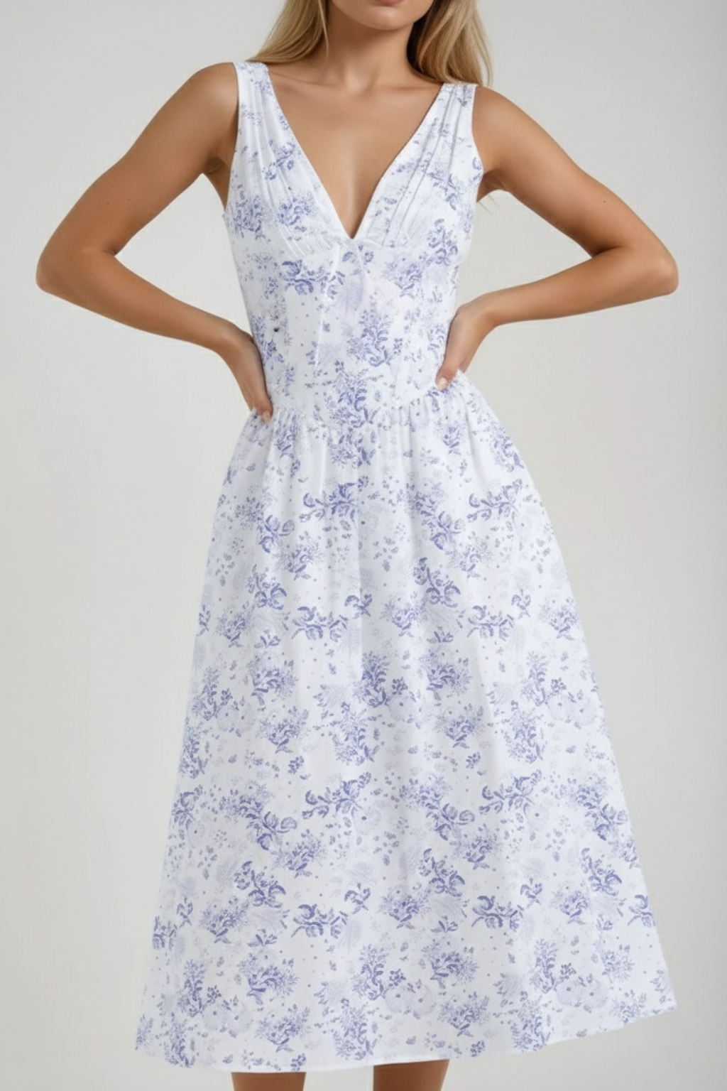 Floral A-Line Midi Summer Dress – Sleeveless V-Neck