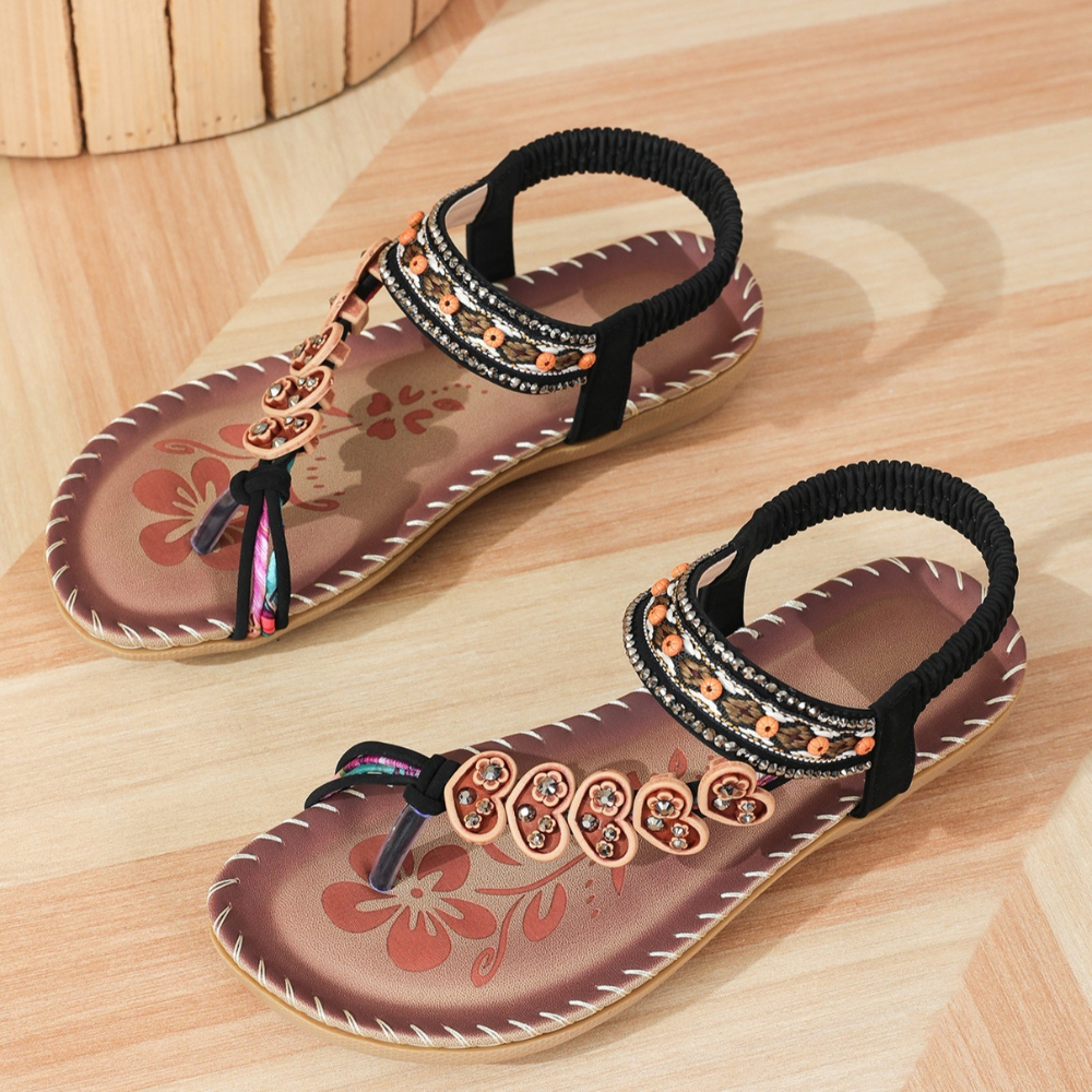 Comfort Sandals – Embellished T-Strap Design with Cushioned Sole
