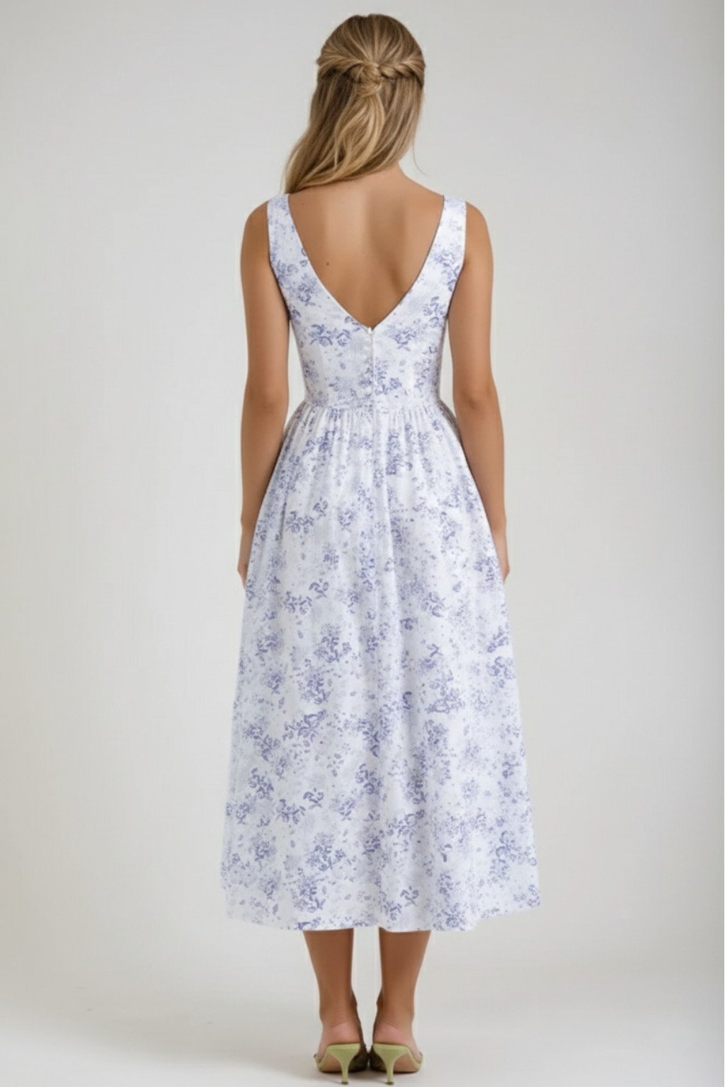 Floral A-Line Midi Summer Dress – Sleeveless V-Neck