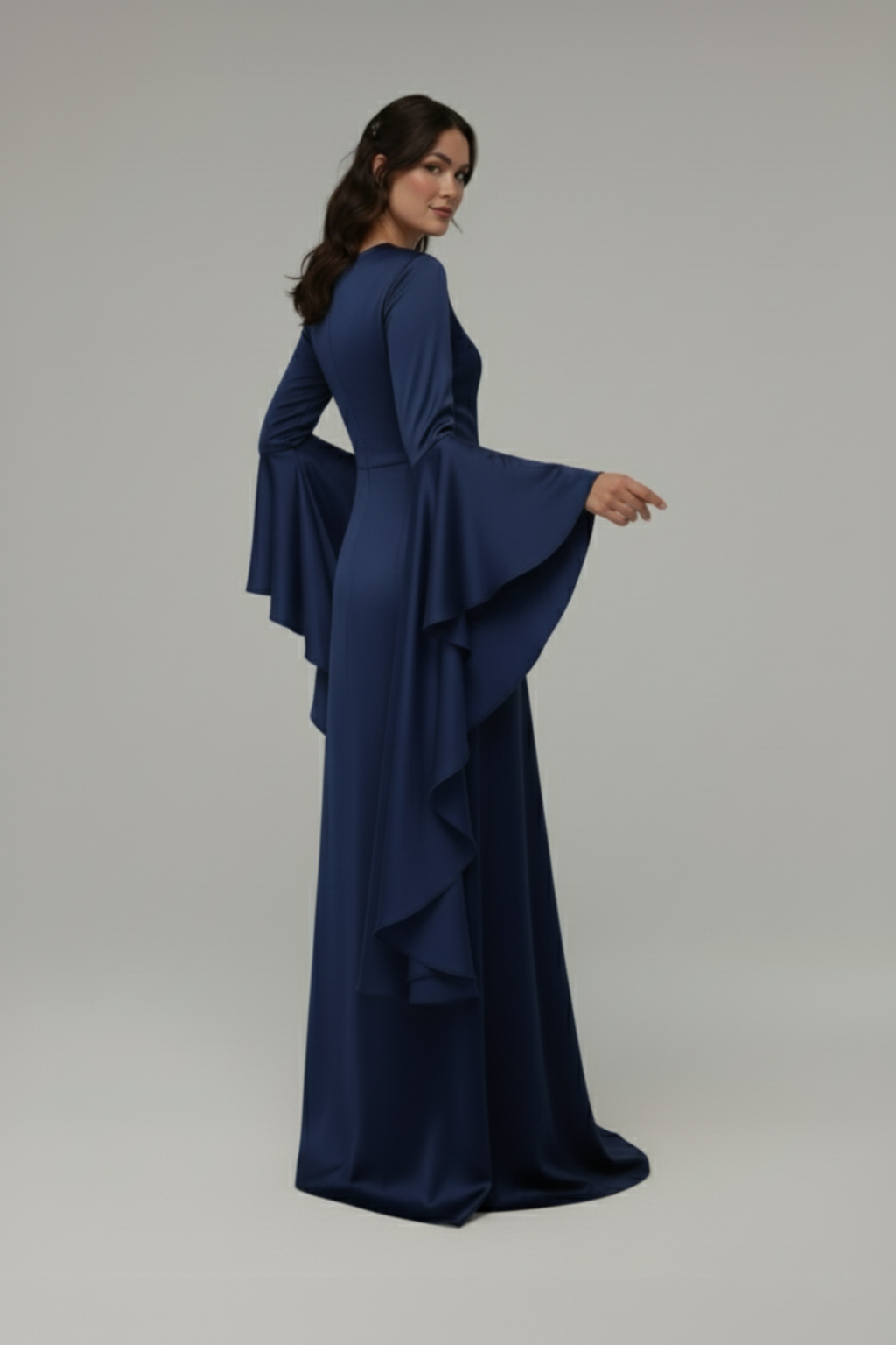 Elegant Long Sleeve Draped Maxi Dress – Evening & Party Gown
