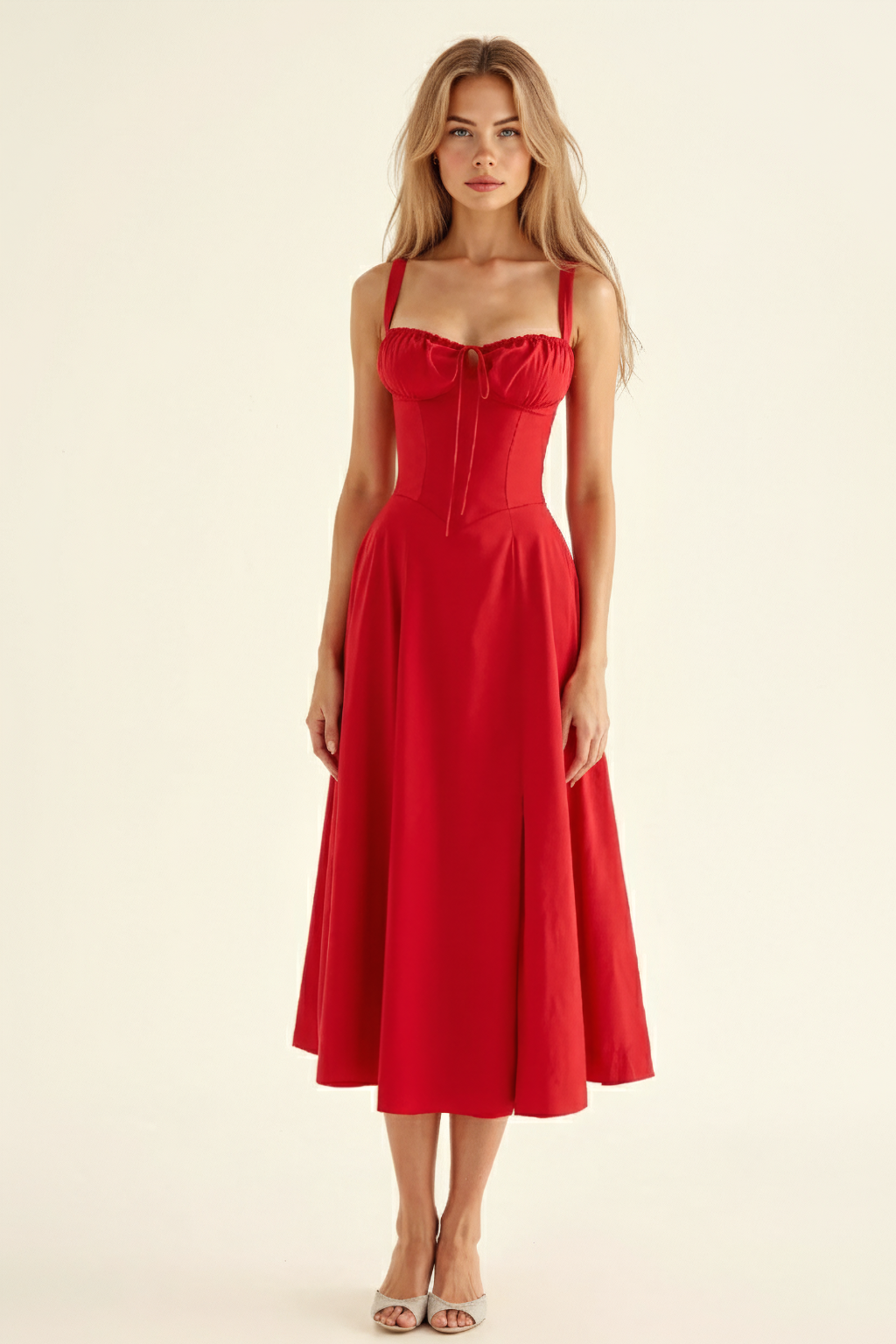 Corset Midi Dress – Sleeveless Square Neck A-Line