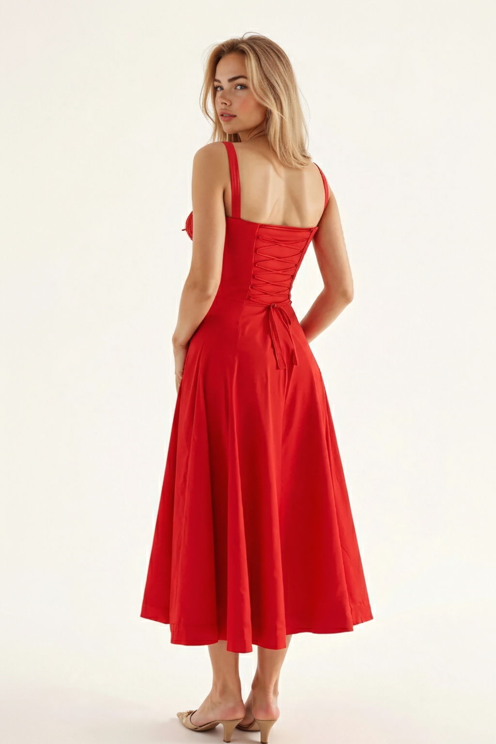 Corset Midi Dress – Sleeveless Square Neck A-Line