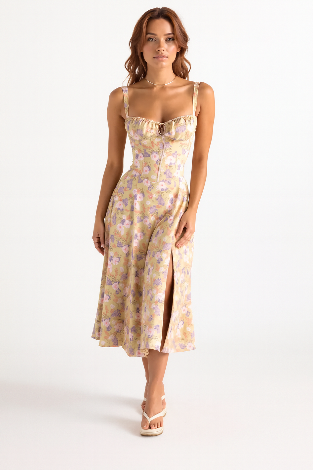 Corset Midi Dress – Sleeveless Square Neck A-Line