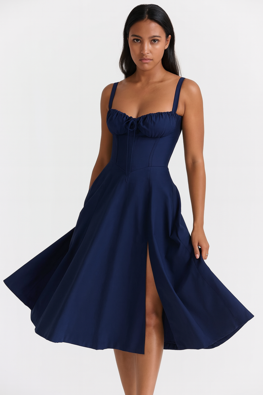Corset Midi Dress – Sleeveless Square Neck A-Line