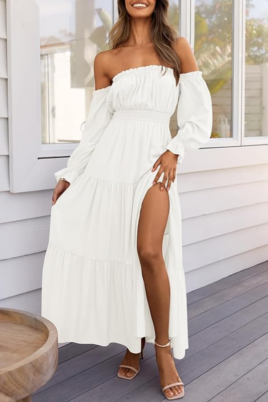 Elegant Off-Shoulder Maxi Dress – Smocked Waist Flowy Tiered Silhouette