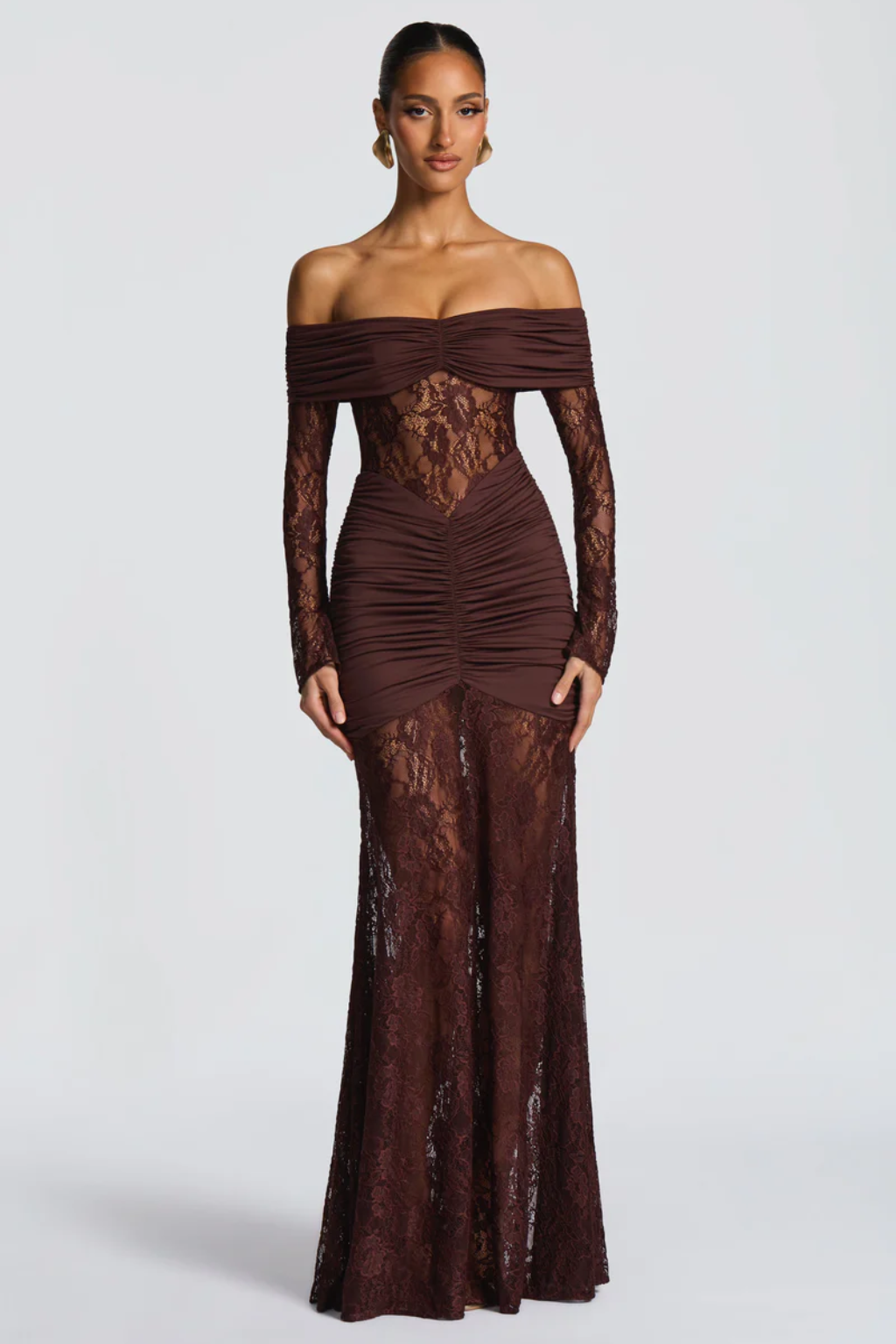 Elegant Off-Shoulder Lace Maxi Dress – Sheer Evening Silhouette