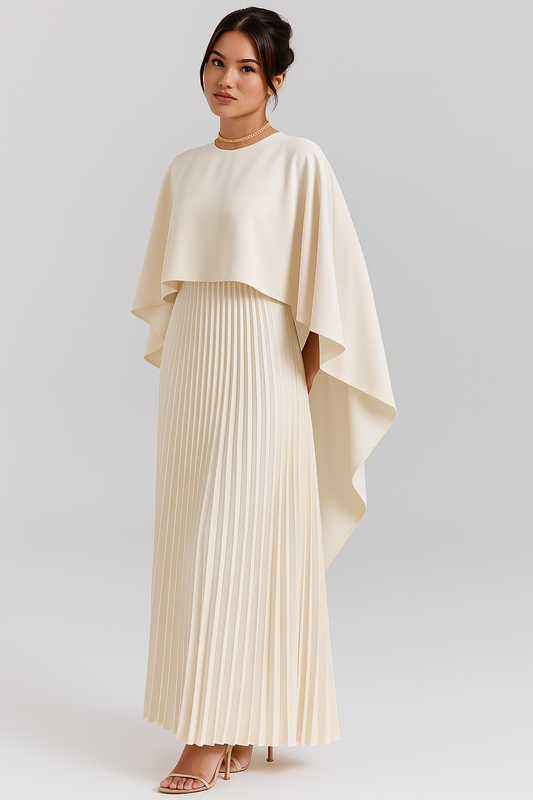 Pleated Maxi Dress with Batwing Cape Sleeves – Elegant Evening Gown