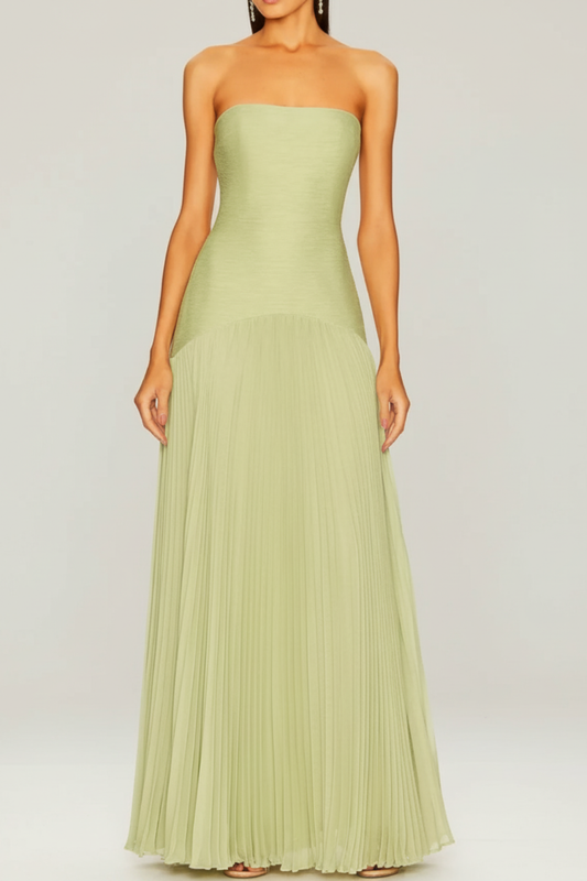 Elegant Strapless Drop-Waist Pleated Maxi Dress – Timeless Evening Silhouette