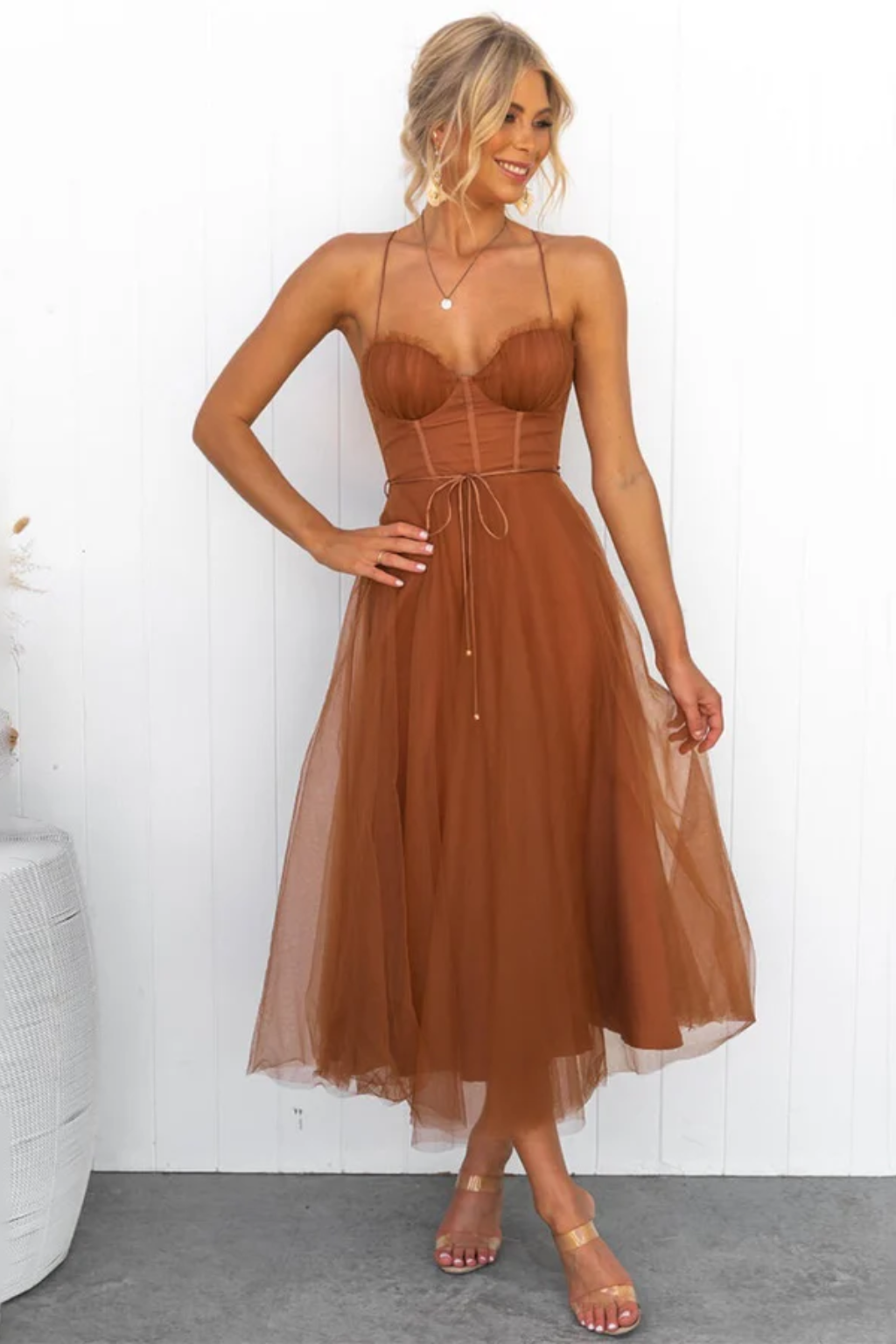 Tulle Corset Midi Dress – Elegant Brown Party Dress