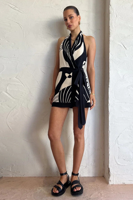 Abstract Halter Neck Mini Wrap Dress – Satin Blend