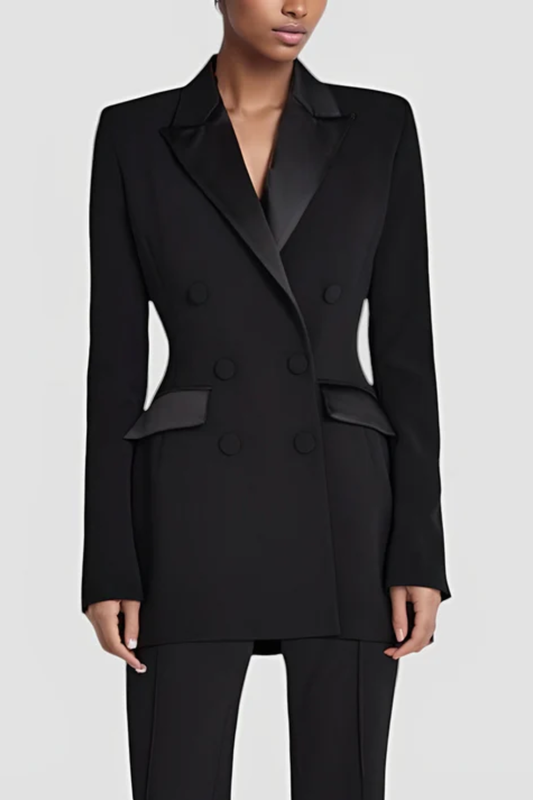 Elegant Double-Breasted Blazer – Satin Lapel Power Silhouette