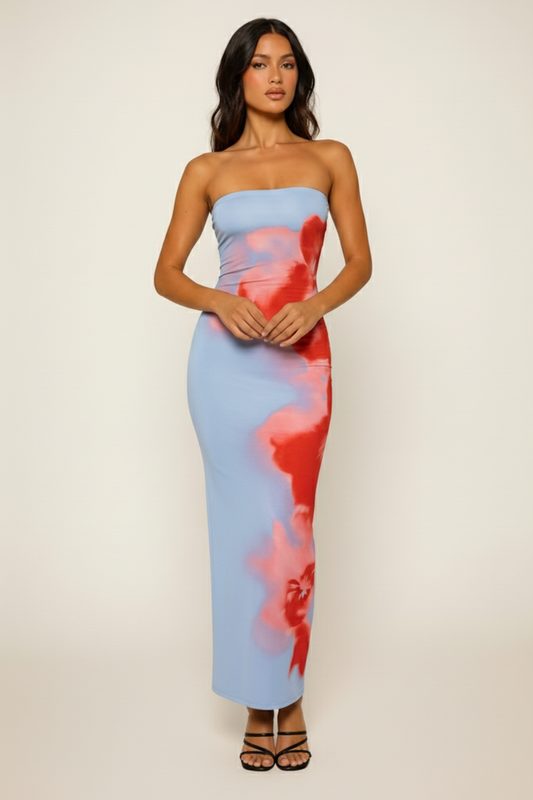 Strapless Bodycon Maxi Dress – Blue and Red Floral Y2K Print