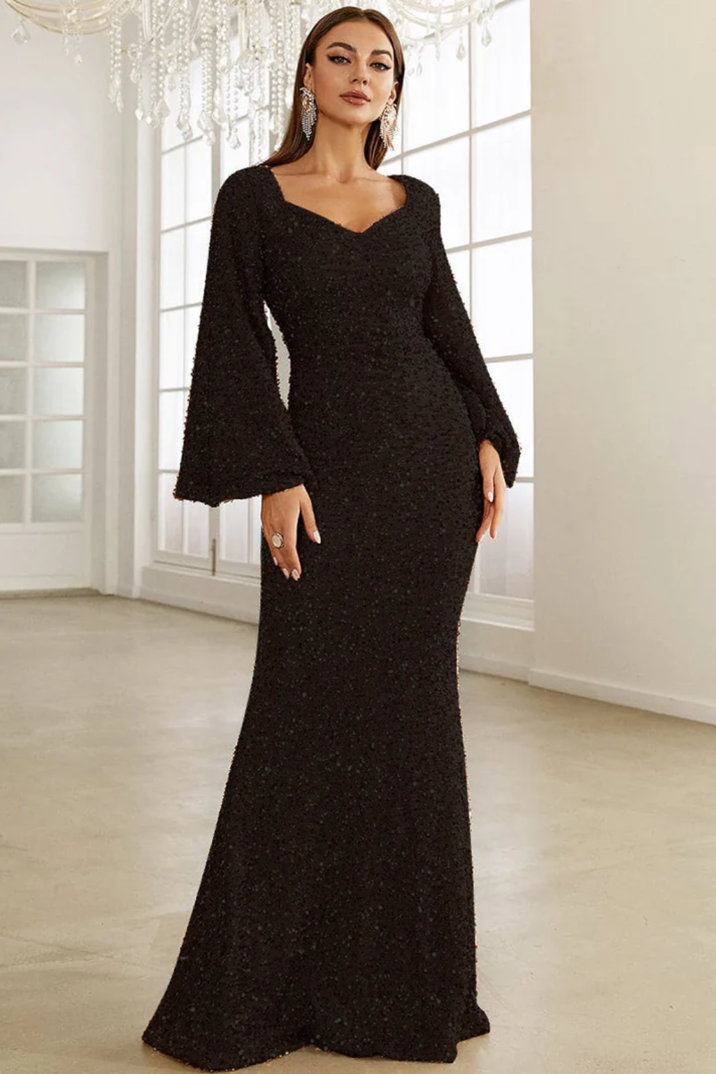Mermaid Evening Dress – Long Sleeve Glamour Gown with Flared Cuffs