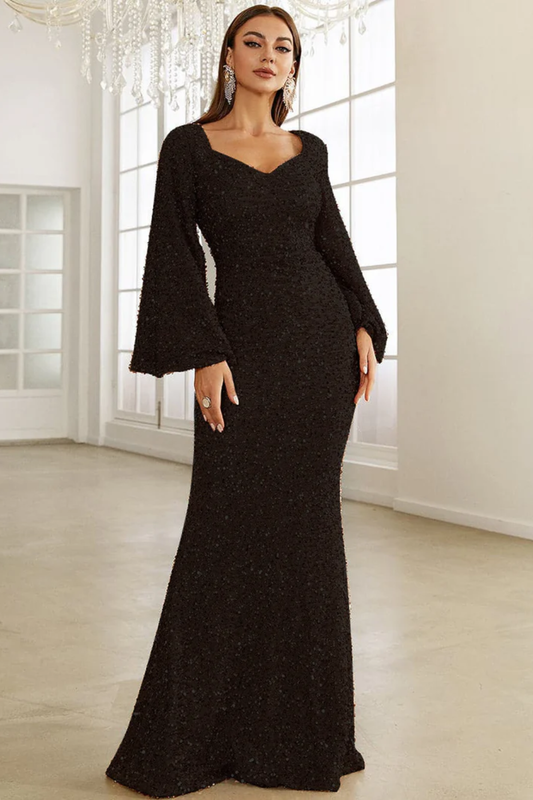 Mermaid Evening Dress – Long Sleeve Glamour Gown with Flared Cuffs