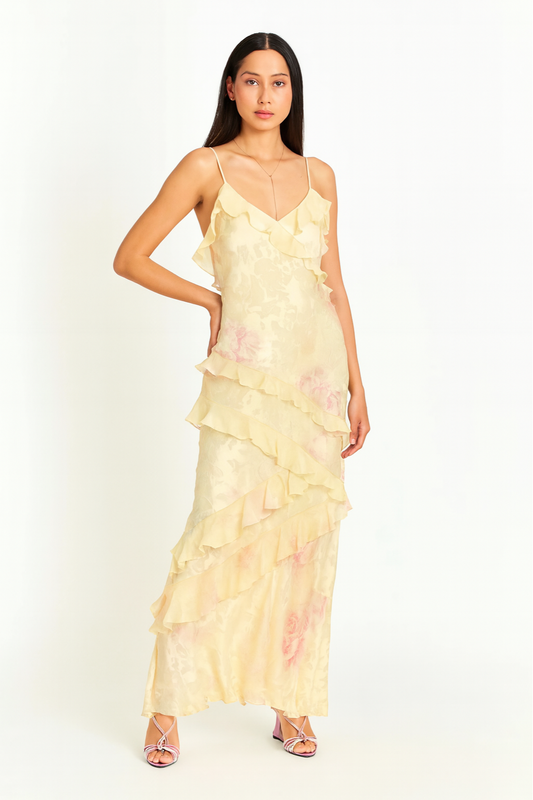 Ruffle Tiered Satin Maxi Dress – Sleeveless Spaghetti Strap Gown