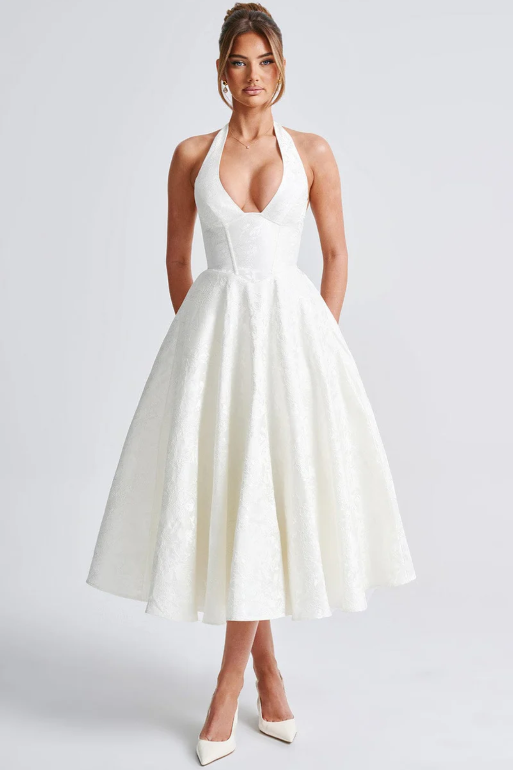 Elegant Halter Neck Midi Dress – Flared Corset Silhouette