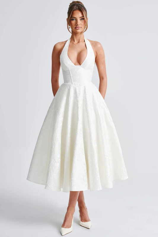 Elegant Halter Neck Midi Dress – Flared Corset Silhouette