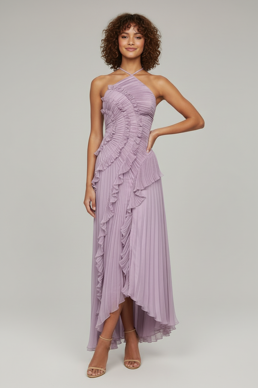 Ruffled Pleated Maxi Dress – Sleeveless Halter Neck Evening Gown